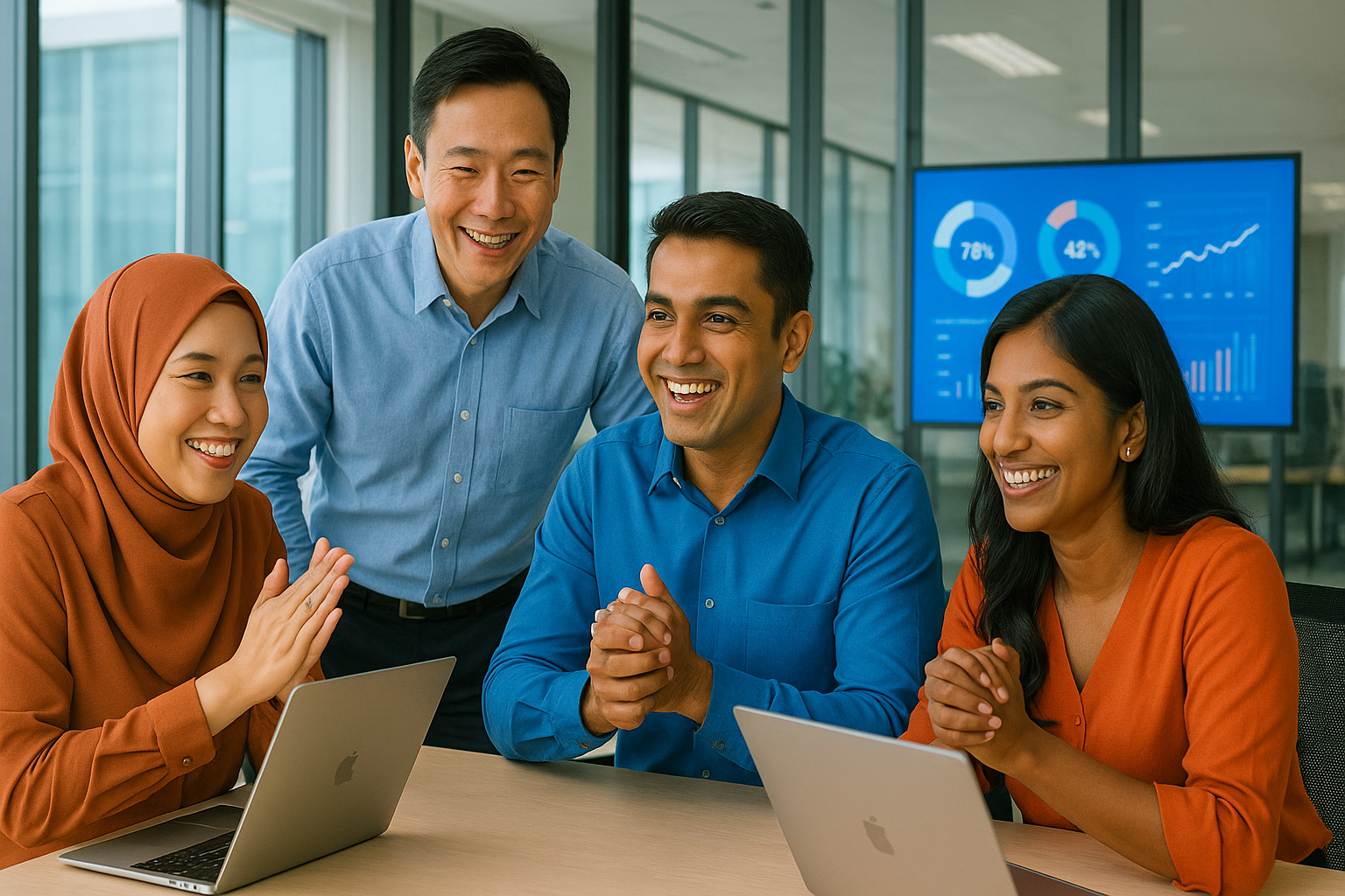 Diverse team celebrating increased productivity with Gemini for Google Workspace.