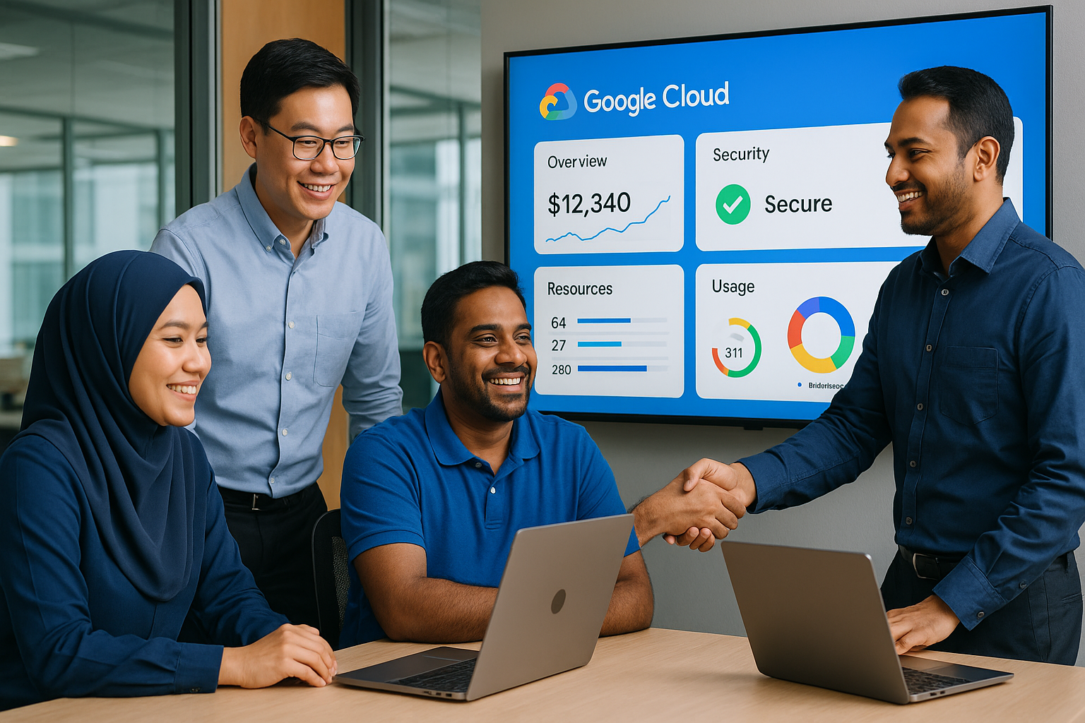 Diverse engineering team managing a secure Google Cloud Modernization dashboard.