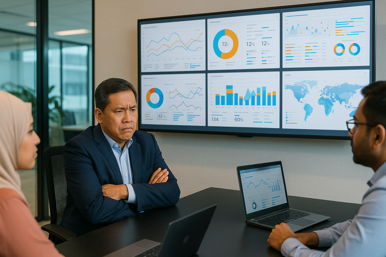 Executive frustrated by confusing data analytics dashboards.