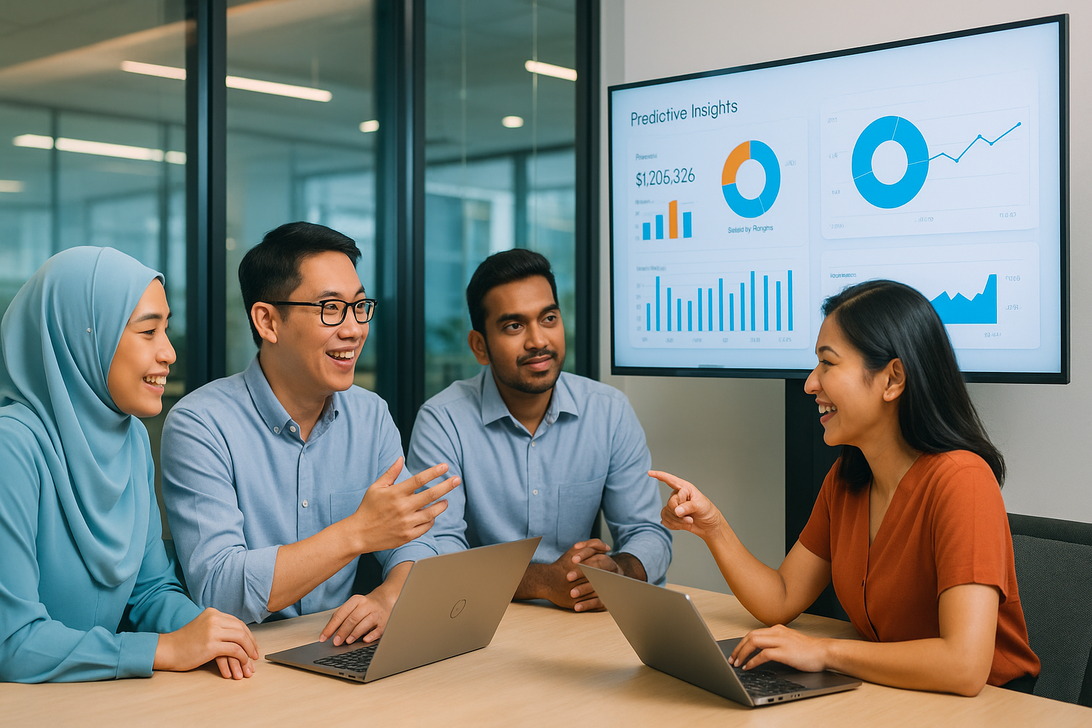 Diverse team using predictive data analytics for decision making.