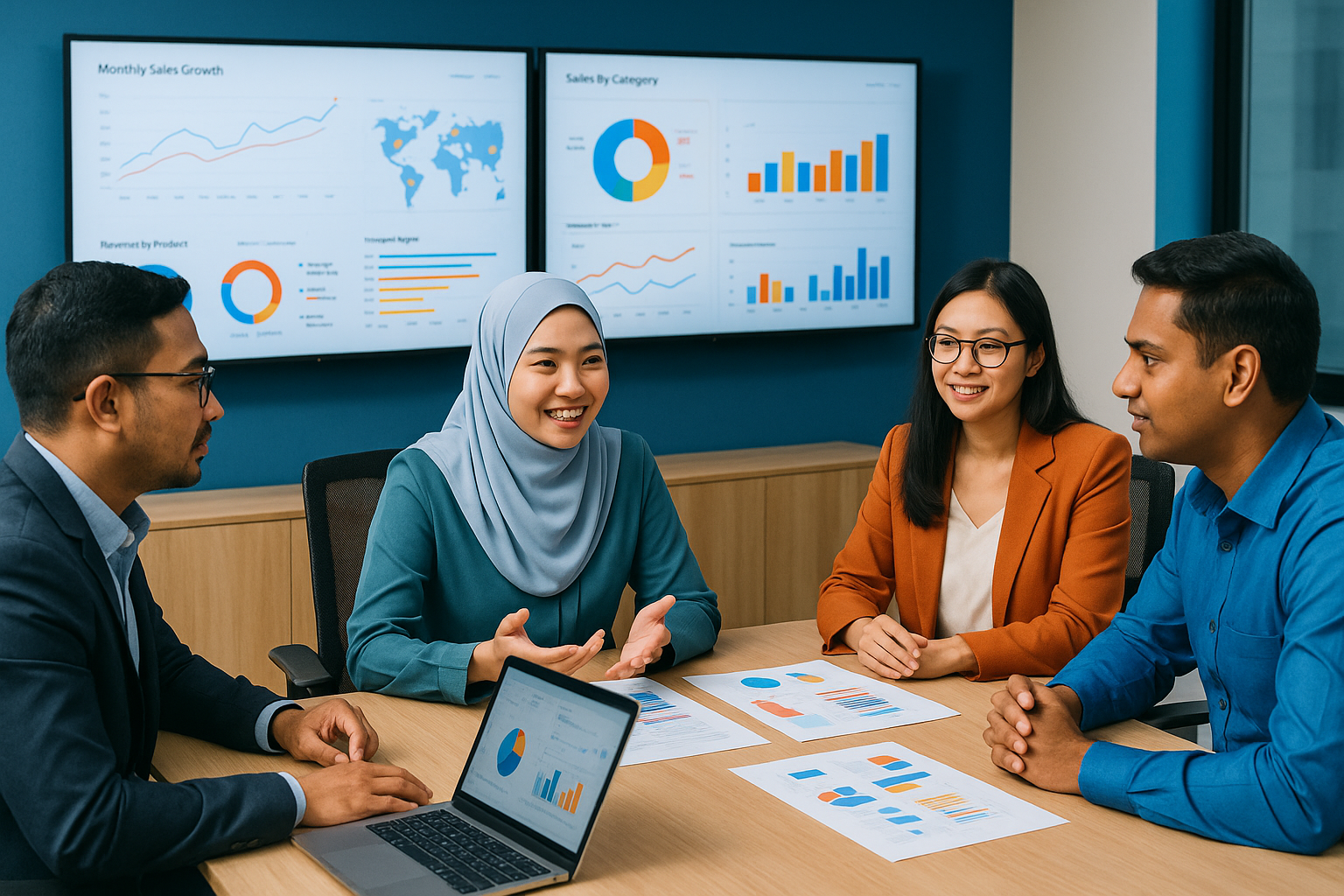 Managed AI execution team reviewing dashboards