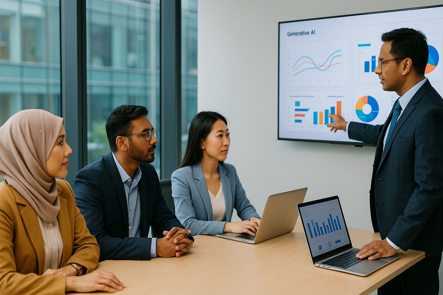 generative AI execution team analyzing business dashboards in a modern Malaysian office