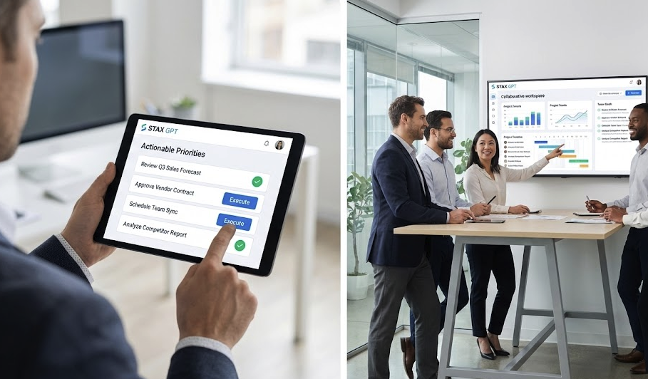 Business executive reviewing a STAX GPT personalized dashboard on a tablet showing daily priority lists and automated workflows.