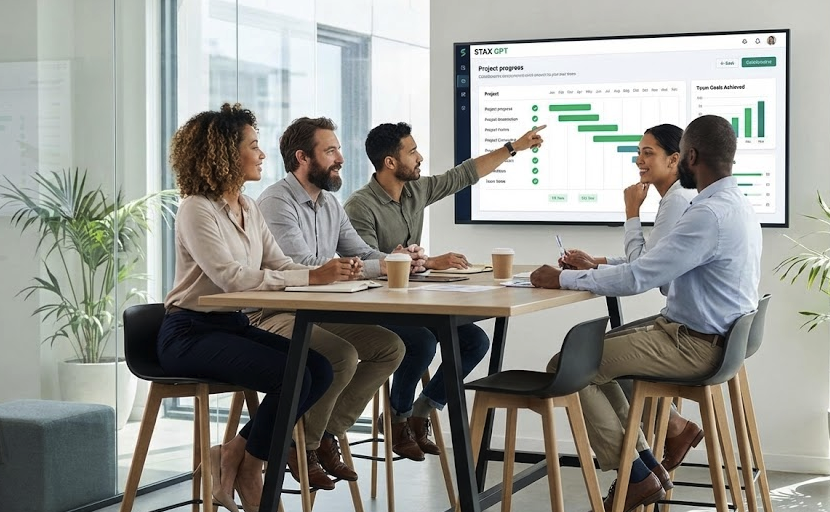 Diverse corporate team collaborating effectively in a modern office, empowered by STAX GPT enterprise AI tools to reduce administrative work.
